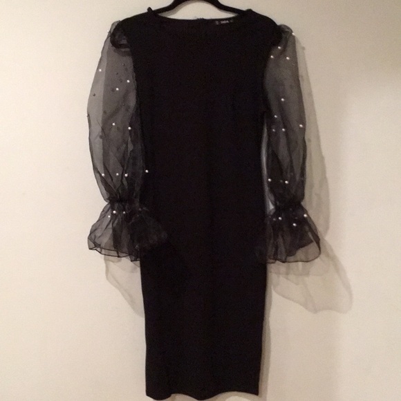 Elegant Midi Dress with Sheer Sleeves & Pearls - Picture 7 of 8